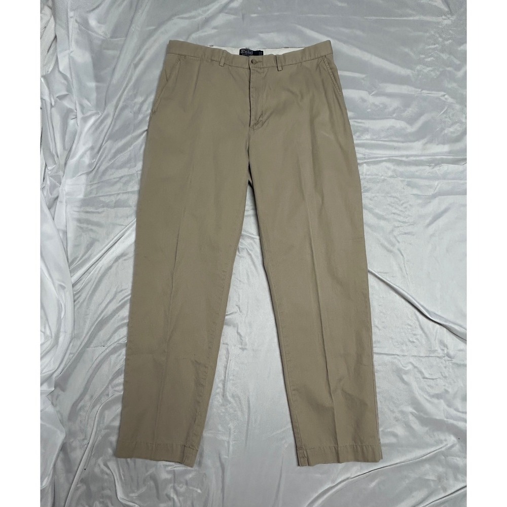 Polo Ralph Lauren VTG Mens Preppy Khaki Chino Flat Pants Tan Cotton Twill 34x32